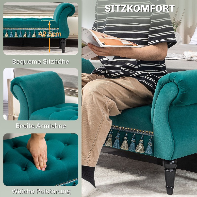 Samettinen vintage-istuinpenkki käsinojilla 117x40x58 cm, kantavuus 150 kg, vihreä