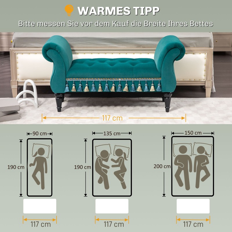 Samettinen vintage-istuinpenkki käsinojilla 117x40x58 cm, kantavuus 150 kg, vihreä