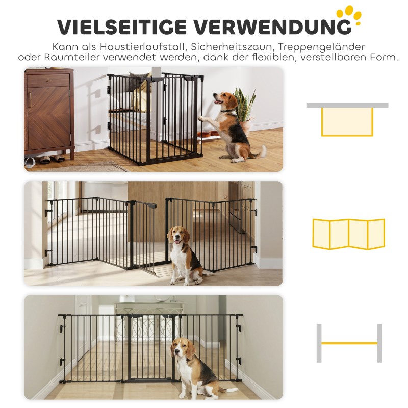 Lemmikkien turvaportti ja koira-aitaus, metalli, 300 x 74,5 cm, taitettava, musta