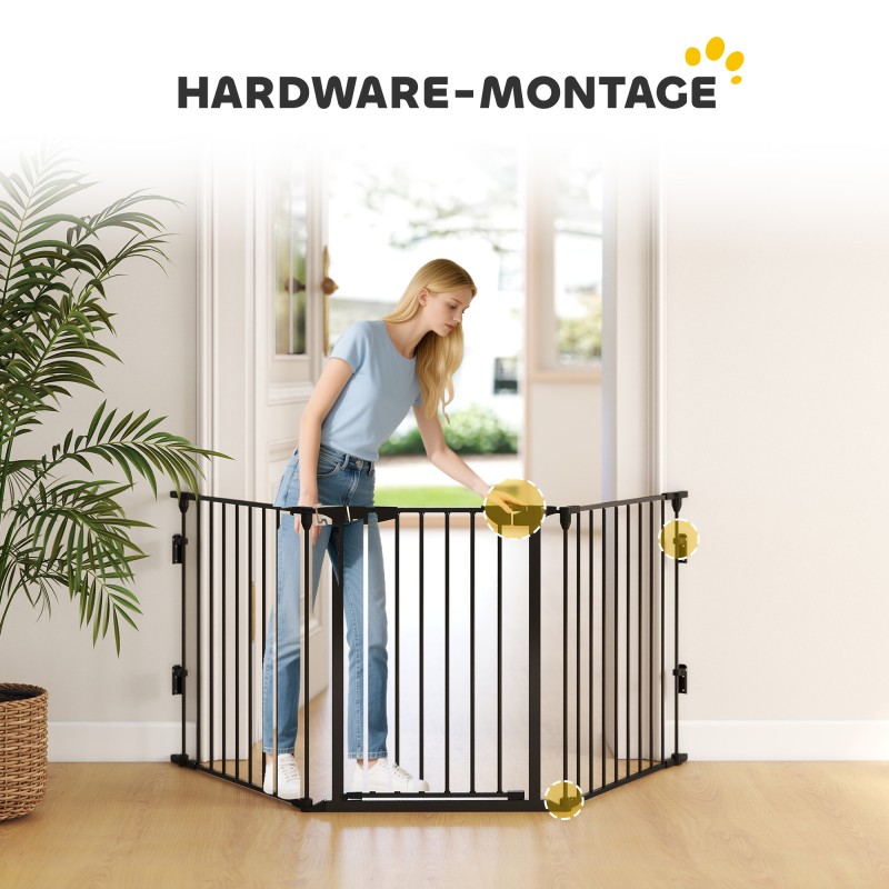 Lemmikkien turvaportti ja koira-aitaus, metalli, 300 x 74,5 cm, taitettava, musta