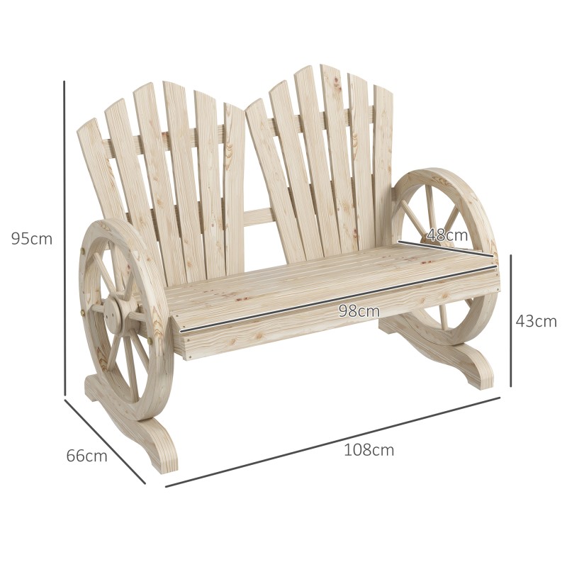 Puutarhapenkki kahdelle ulkokäyttöön, kuusipuu, 108x66x95 cm, luonnonpuu, vaununpyörädesign