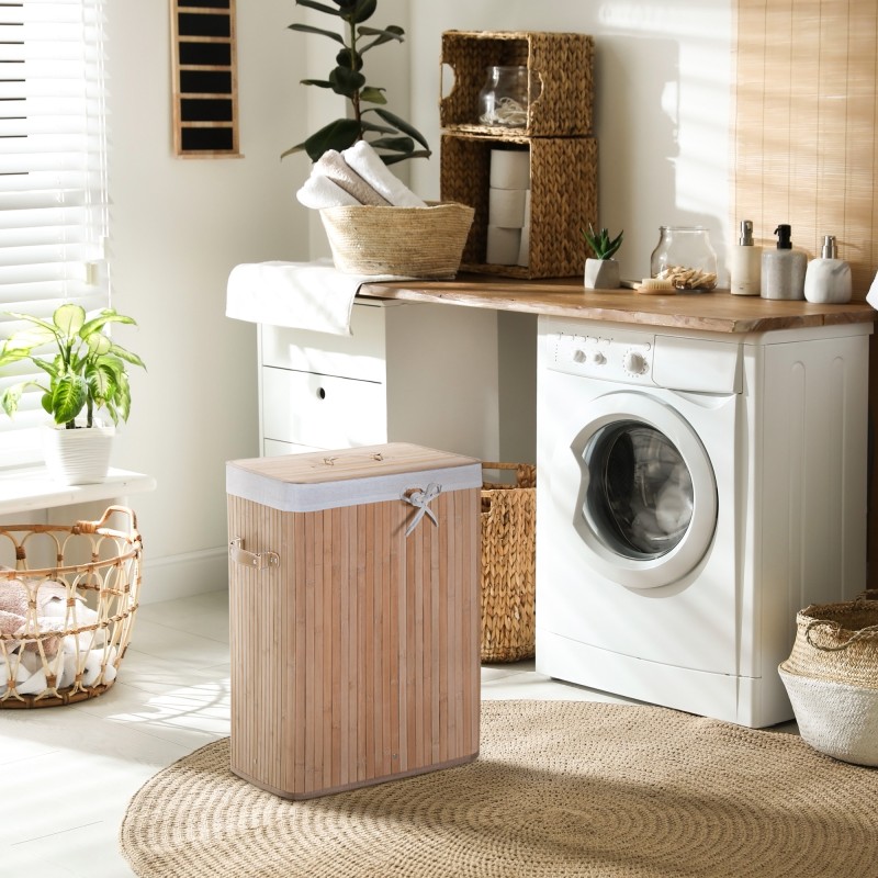 Pyykkikori bambu kannella ja irrotettavalla pussilla 72 L kapea, luonnonvärinen