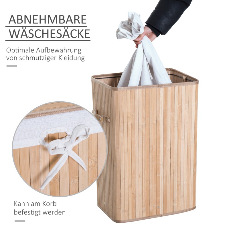 Pyykkikori bambu kannella ja irrotettavalla pussilla 72 L kapea, luonnonvärinen