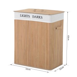 Bambuinen pyykkikori kannella 100 L, kaksiosainen, irrotettava canvaskassi, luonnonväri