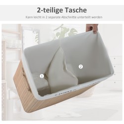 Bambuinen pyykkikori kannella 100 L, kaksiosainen, irrotettava canvaskassi, luonnonväri