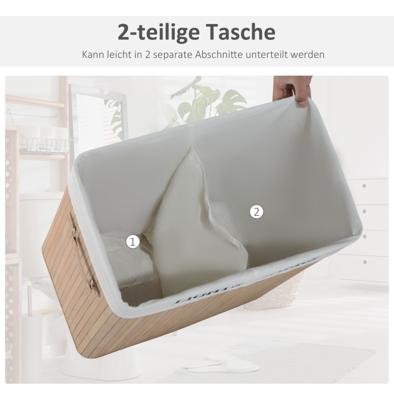 Bambuinen pyykkikori kannella 100 L, kaksiosainen, irrotettava canvaskassi, luonnonväri