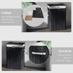 Pyykkikori kannella bambua ja kangaspussi, kokoontaitettava 40 x 30 x 60 cm 72 L musta