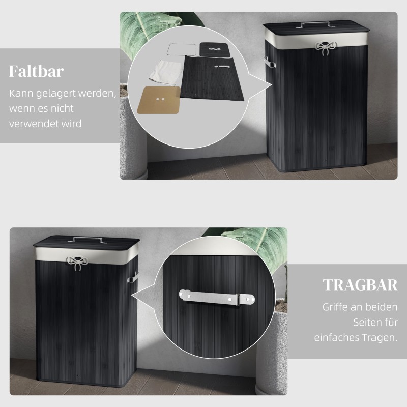 Pyykkikori kannella bambua ja kangaspussi, kokoontaitettava 40 x 30 x 60 cm 72 L musta