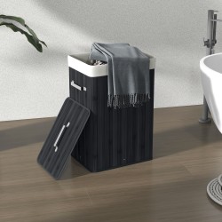 Pyykkikori kannella bambua ja kangaspussi, kokoontaitettava 40 x 30 x 60 cm 72 L musta