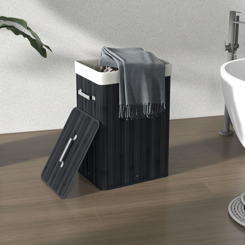 Pyykkikori kannella bambua ja kangaspussi, kokoontaitettava 40 x 30 x 60 cm 72 L musta