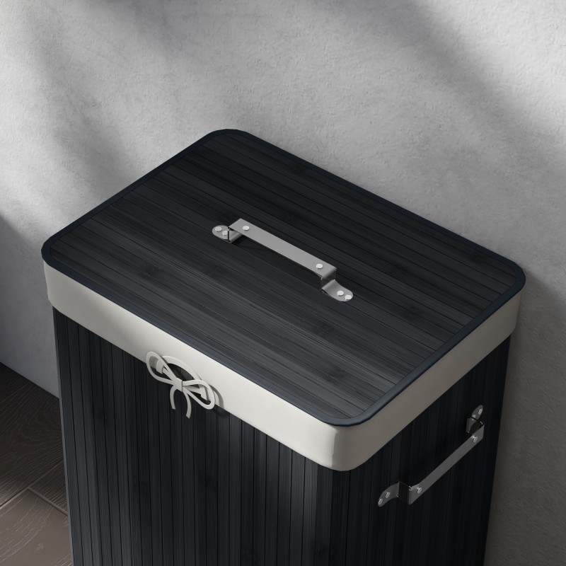 Pyykkikori kannella bambua ja kangaspussi, kokoontaitettava 40 x 30 x 60 cm 72 L musta