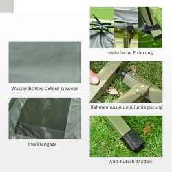 Yhden hengen retkipaketti: teltta, kenttävuode, ilmapatja, makuupussi ja tyyny, tummanvihreä