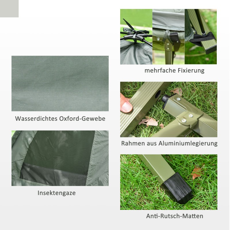 Yhden hengen retkipaketti: teltta, kenttävuode, ilmapatja, makuupussi ja tyyny, tummanvihreä
