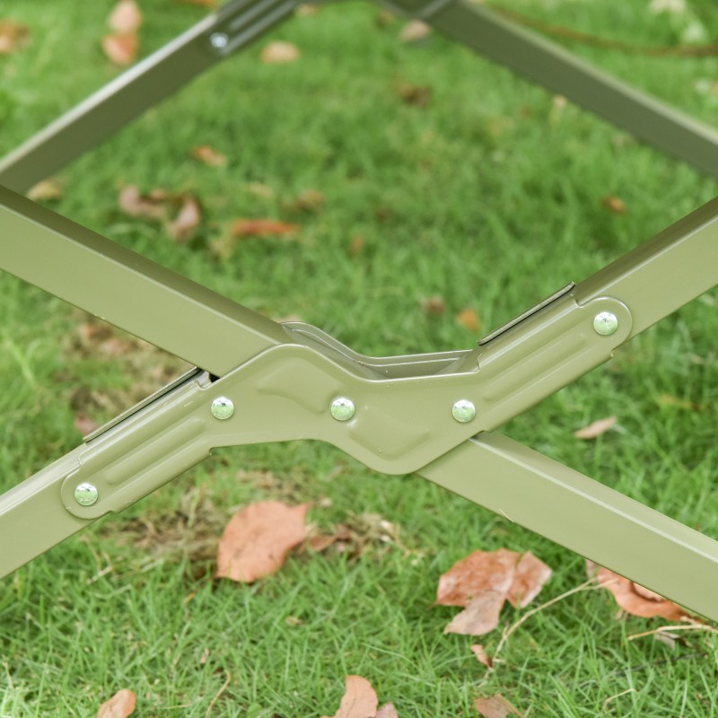 Yhden hengen retkipaketti: teltta, kenttävuode, ilmapatja, makuupussi ja tyyny, tummanvihreä