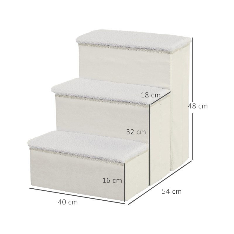 Lemmikkirappu koirille ja kissoille, 3 porrasta, taitettava, säilytystilalla, 48 cm, valkoinen