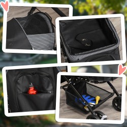 Koiravaunu pienille koirille, taitettava teräsrunko, verkkokori ja jarrut, musta