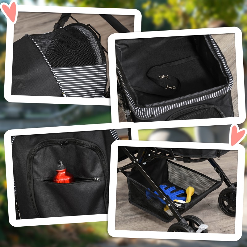 Koiravaunu pienille koirille, taitettava teräsrunko, verkkokori ja jarrut, musta