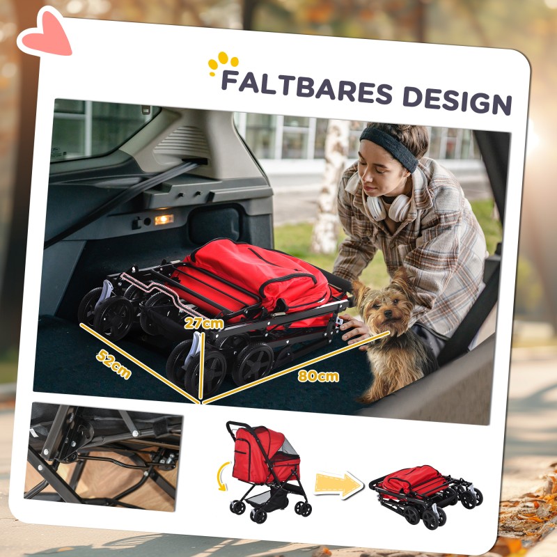 Koiran vaunut pienille koirille, teräs ja Oxford-kangas, max 10 kg, 76,5 x 52 x 95 cm, punainen