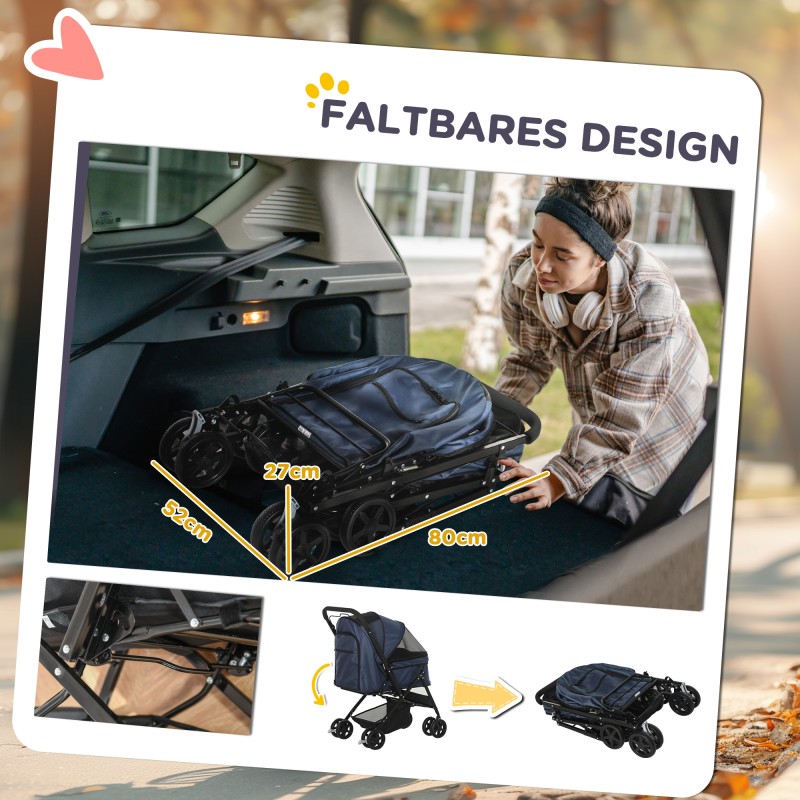 Koiranrattaat pienille koirille teräsrunko taittuva säädettävä kuomu 10 kg sininen