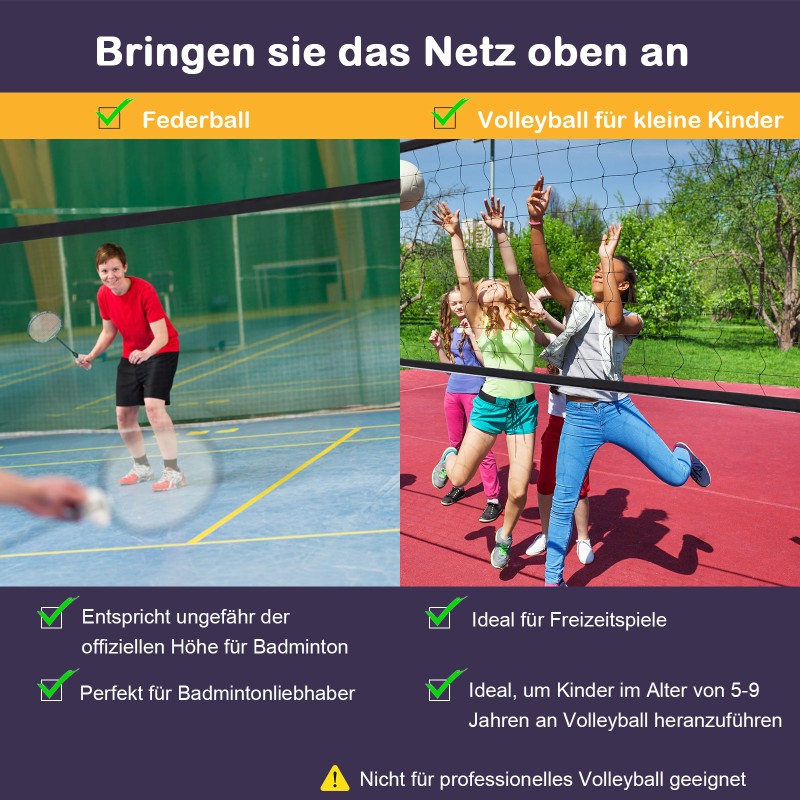 Monikäyttöinen sulkapallo- ja tenniskenttäverkko 400 cm, 2 korkeutta 94/158 cm, taitettava, musta, kantolaukulla