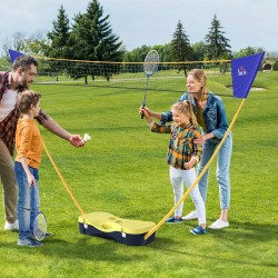 Sulkapallosetti jalustallisella verkolla, 4 mailaa ja 2 sulkapalloa, 286 x 33 x 157 cm, keltainen/sininen