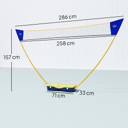 Sulkapallosetti jalustallisella verkolla, 4 mailaa ja 2 sulkapalloa, 286 x 33 x 157 cm, keltainen/sininen