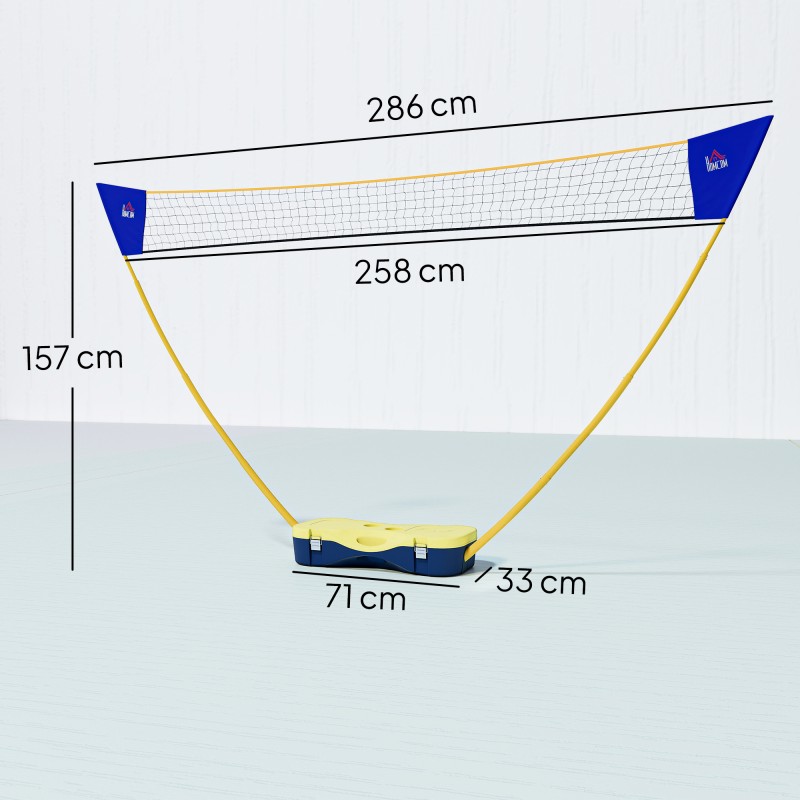 Sulkapallosetti jalustallisella verkolla, 4 mailaa ja 2 sulkapalloa, 286 x 33 x 157 cm, keltainen/sininen
