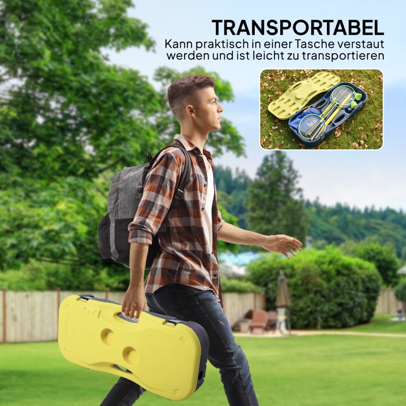 Sulkapallosetti jalustallisella verkolla, 4 mailaa ja 2 sulkapalloa, 286 x 33 x 157 cm, keltainen/sininen