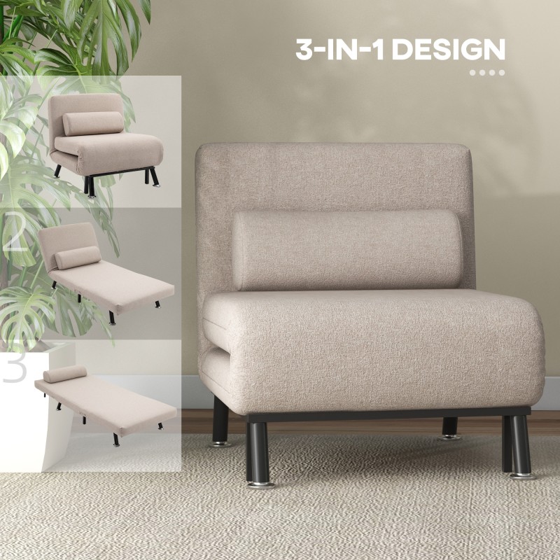 Taitettava lepotuoli ja varavuode metallirungolla, leinenimitaatti, 75 x 70 x 75 cm, beige