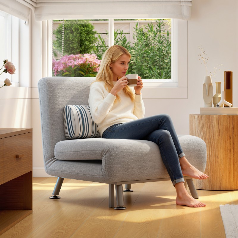 Taitettava lepotuoli vuodeominaisuudella, pellavatyylinen kangas, 75 x 70 x 75 cm, harmaa