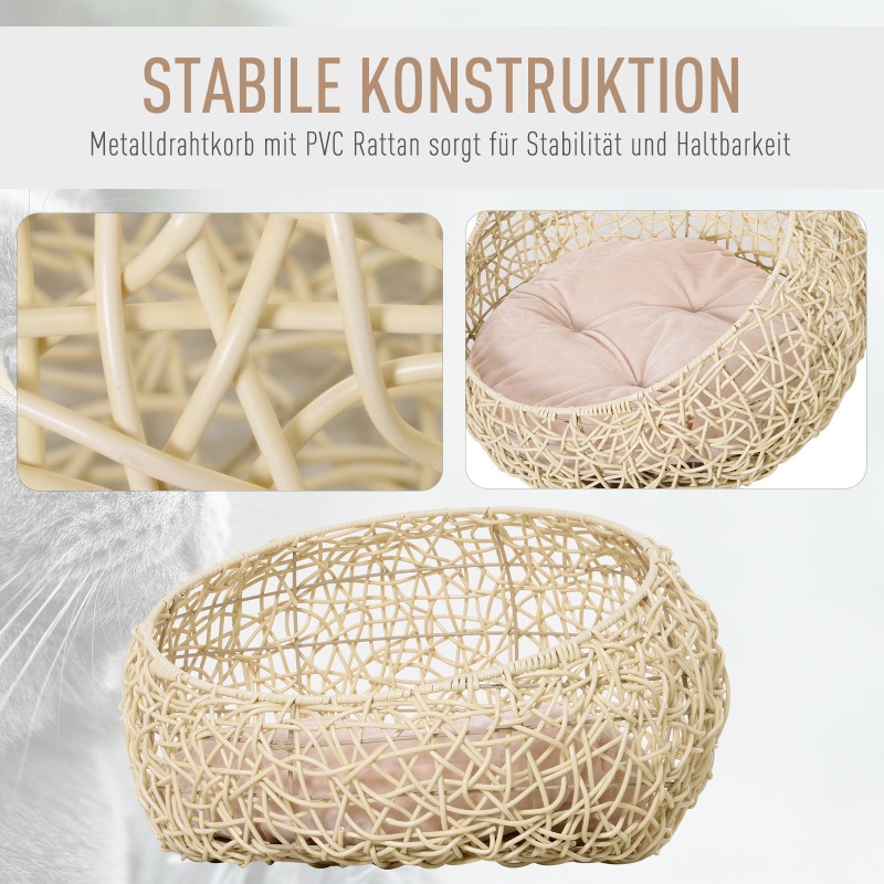 Lemmikin pesä kissalle tai pienelle koiralle, PVC-rottinki, metallirunko, tyyny, Ø56 x 35 cm, beige
