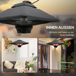 Sähköinen infrapunalämmitin terassille 1000/2000 W kattomalli kaukosäätimellä ja LED-valoilla, musta