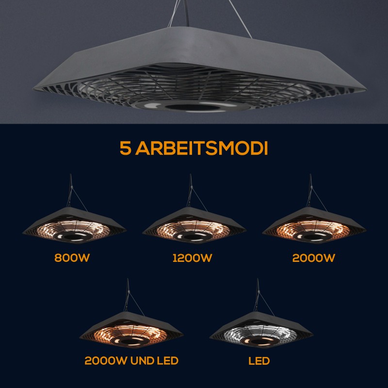 Infrapunalämmitin 2000 W terassi- ja parvekekäyttöön IP45, 3 tehotasoa, kaukosäädin, LED, musta