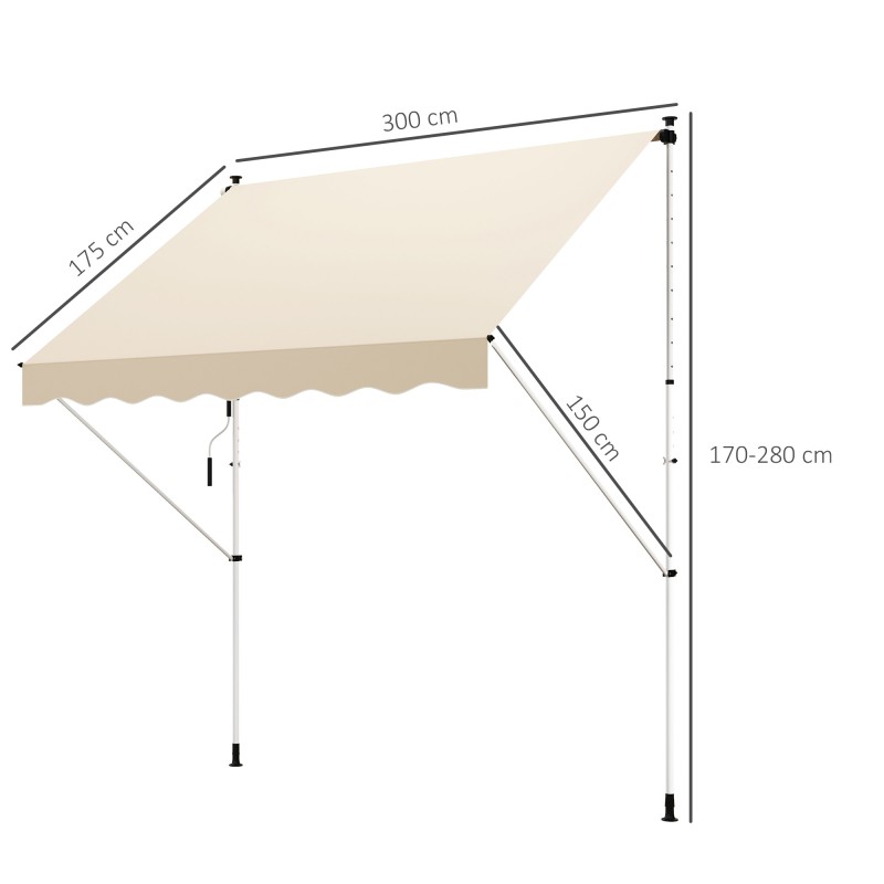 Parveke- ja terassikatos käsikammella 300x150 cm säädettävä teleskooppijaloilla beige