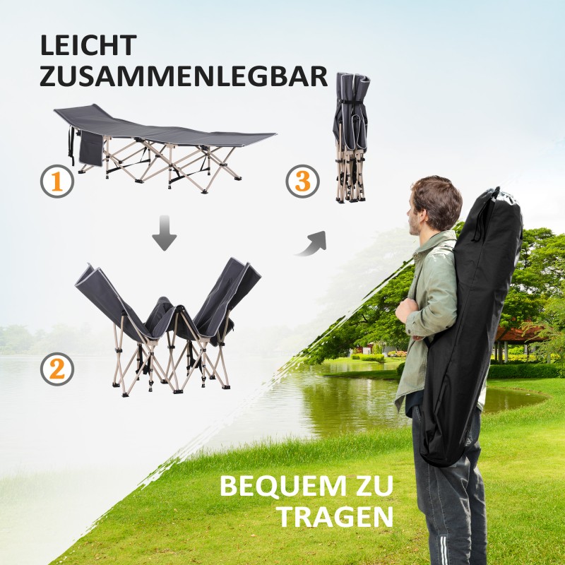 Leirisänky / kenttäsänky retkeilyyn, teräsrunko ja Oxford-kangas, kokoontaittuva, 190 x 68 x 52 cm, harmaa