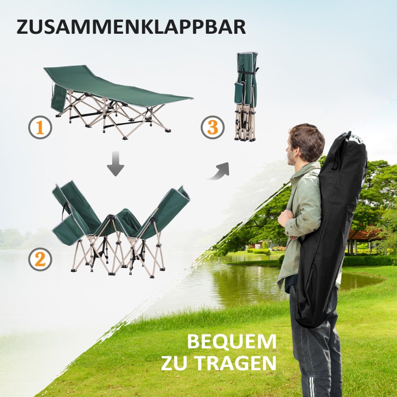 Kenttävuode camping-käyttöön, teräsrunko ja 600D Oxford -kangas, 190 x 68 x 52 cm, vihreä/beige