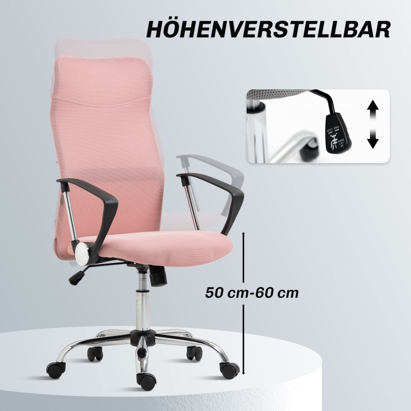 Ergonominen toimistotuoli verkkoselkänoja ja keinumekanismi 63 x 65 x 109–119 cm vaaleanpunainen