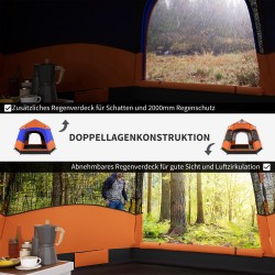 Kupoliteltta 4 hengelle, kaksikerroksinen pop up -teltta, kuusikulmainen, vedenpitävä, oranssi