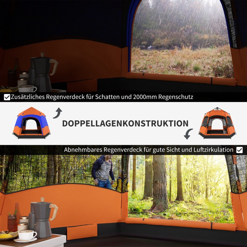 Kupoliteltta 4 hengelle, kaksikerroksinen pop up -teltta, kuusikulmainen, vedenpitävä, oranssi