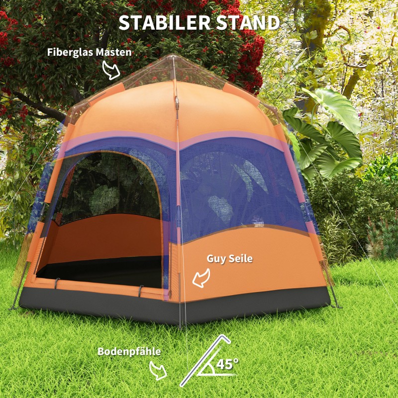 Kupoliteltta 4 hengelle, kaksikerroksinen pop up -teltta, kuusikulmainen, vedenpitävä, oranssi