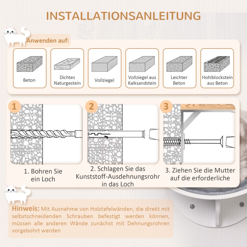 Seinään kiinnitettävä kissan lepotaso MDF/fleece 41 x 28 x 21 cm harmaa
