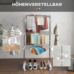 Siirrettävä pyykkiteline 3 tasoa ruostumaton teräs 142 x 55 x 152 cm valkoinen