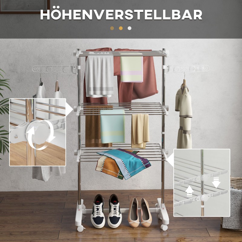 Siirrettävä pyykkiteline 3 tasoa ruostumaton teräs 142 x 55 x 152 cm valkoinen