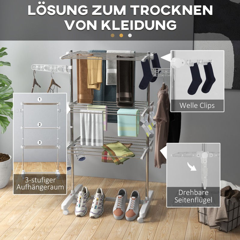 Siirrettävä pyykkiteline 3 tasoa ruostumaton teräs 142 x 55 x 152 cm valkoinen