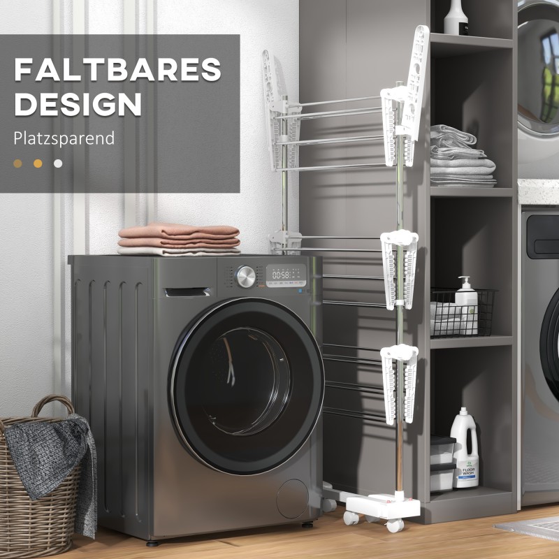 Siirrettävä pyykkiteline 3 tasoa ruostumaton teräs 142 x 55 x 152 cm valkoinen