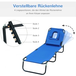 Kokoontaitettava aurinkotuoli puutarhaan, teräsrunko ja Oxford-kangas, sininen, selkänoja 4 asentoa, max 120 kg