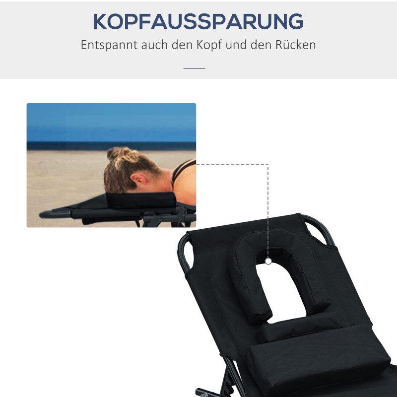 Taitettava aurinkotuoli puutarhaan 4-asentoinen selkänoja kasvoaukolla 190 cm musta max 120 kg