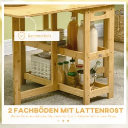 Taitettava ruokapöytä bambua, 2 alas laskettavaa sivutasoa ja 2 hyllyä, säädettävät jalat, 149,5 x 80 x 73,5 cm, luonnonpuu