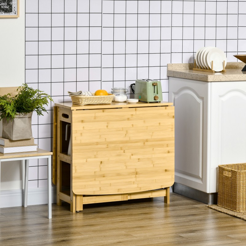 Taitettava ruokapöytä bambua, 2 alas laskettavaa sivutasoa ja 2 hyllyä, säädettävät jalat, 149,5 x 80 x 73,5 cm, luonnonpuu