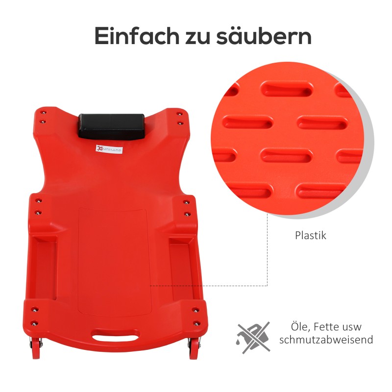 Auton huoltotaso pyörillä, niskatuella ja työkalulokeroilla, muovi, 100 x 48 x 12 cm, punainen, 120 kg